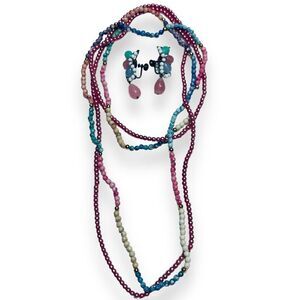 Vintage Lot Of 2 Beaded Necklaces And Earring Set Screw Backs Pink Blue Green